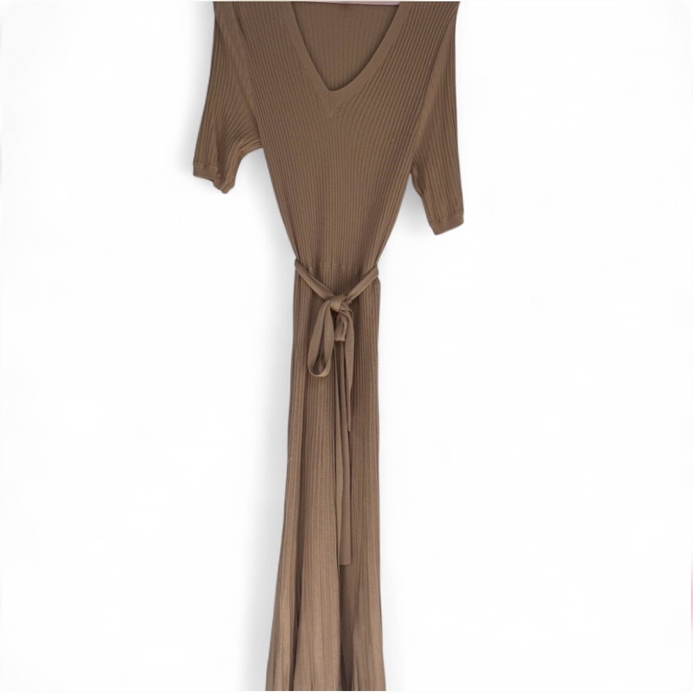 Camel Ribbed V-Neck Tie-Waist Pleated Sweater Midi Dress